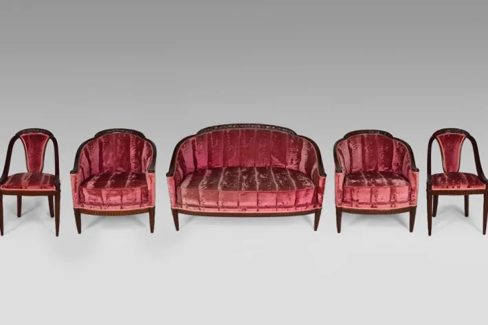 Pamono Art Deco Living Room Set in Pink Velvet attributed to Paul Follot, France, 1920s, Set of 5 Sale