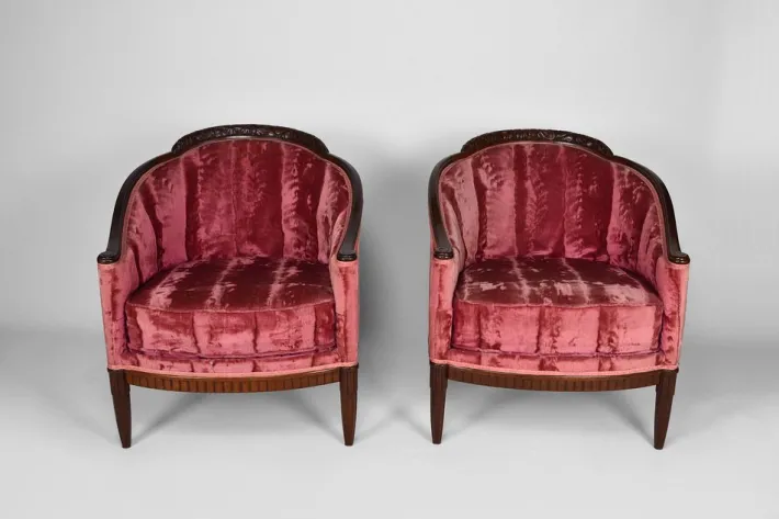 Pamono Art Deco Living Room Set in Pink Velvet attributed to Paul Follot, France, 1920s, Set of 5 Sale