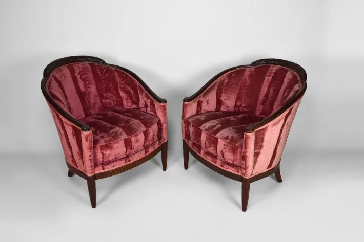 Pamono Art Deco Living Room Set in Pink Velvet attributed to Paul Follot, France, 1920s, Set of 5 Sale