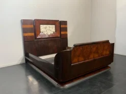 Pamono Art Deco Rosewood & Walnut Bed Frame with Carved Headboard by Ducrot, 1922 Clearance