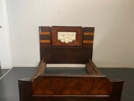 Pamono Art Deco Rosewood & Walnut Bed Frame with Carved Headboard by Ducrot, 1922 Clearance