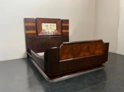 Pamono Art Deco Rosewood & Walnut Bed Frame with Carved Headboard by Ducrot, 1922 Clearance