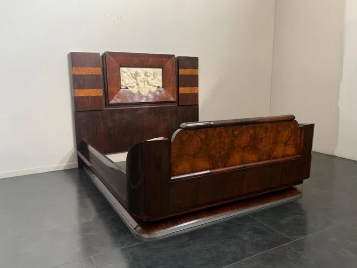 Pamono Art Deco Rosewood & Walnut Bed Frame with Carved Headboard by Ducrot, 1922 Clearance