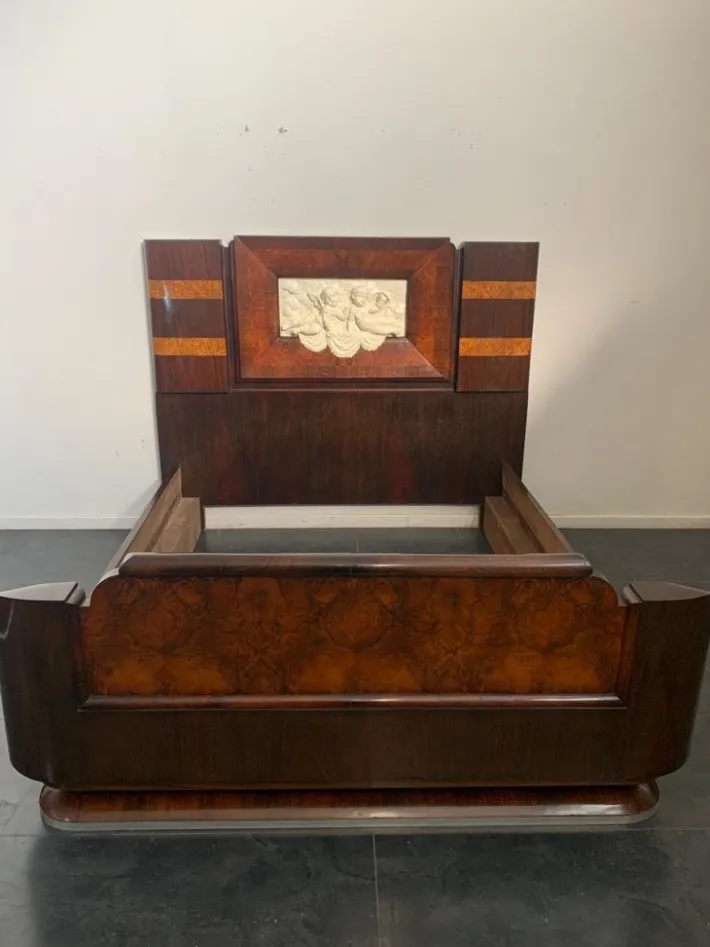 Pamono Art Deco Rosewood & Walnut Bed Frame with Carved Headboard by Ducrot, 1922 Clearance