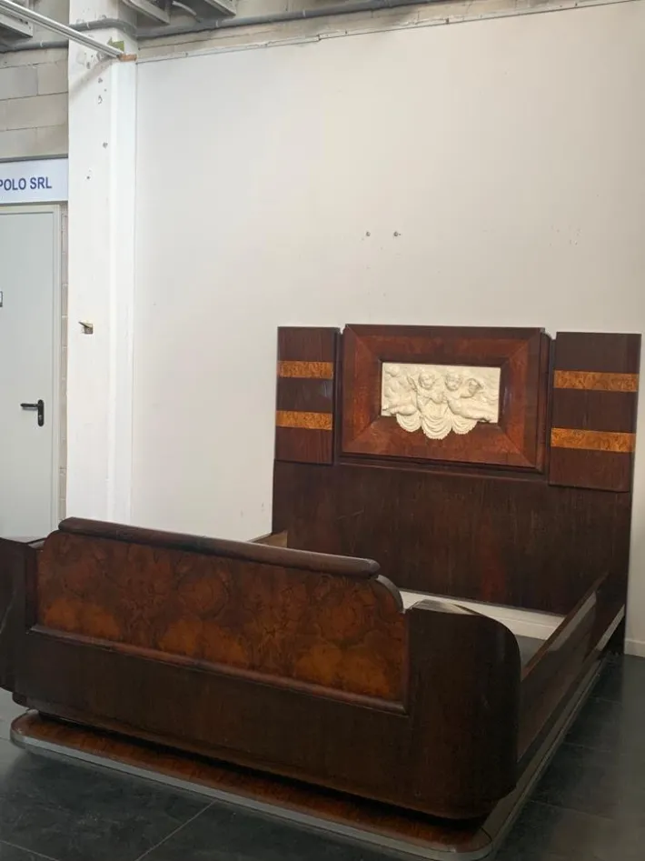 Pamono Art Deco Rosewood & Walnut Bed Frame with Carved Headboard by Ducrot, 1922 Clearance