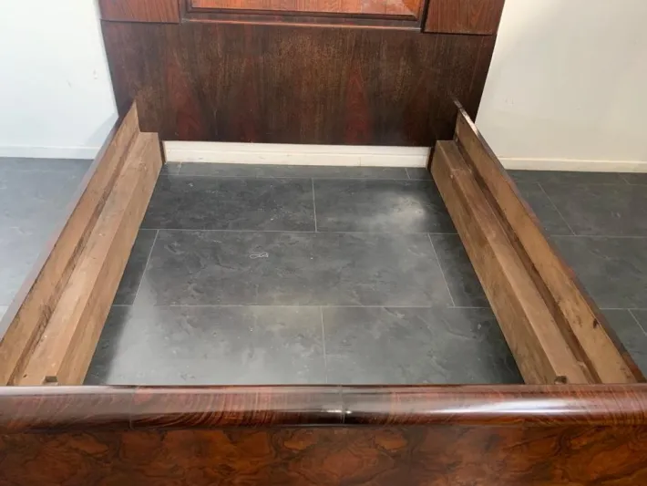 Pamono Art Deco Rosewood & Walnut Bed Frame with Carved Headboard by Ducrot, 1922 Clearance