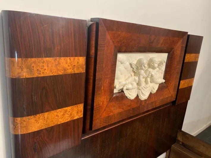 Pamono Art Deco Rosewood & Walnut Bed Frame with Carved Headboard by Ducrot, 1922 Clearance