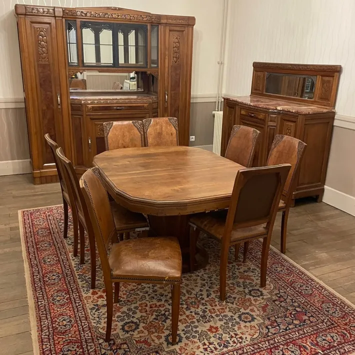 Pamono Art DEco Walnut Dining Tables and Chairs, Set of 12