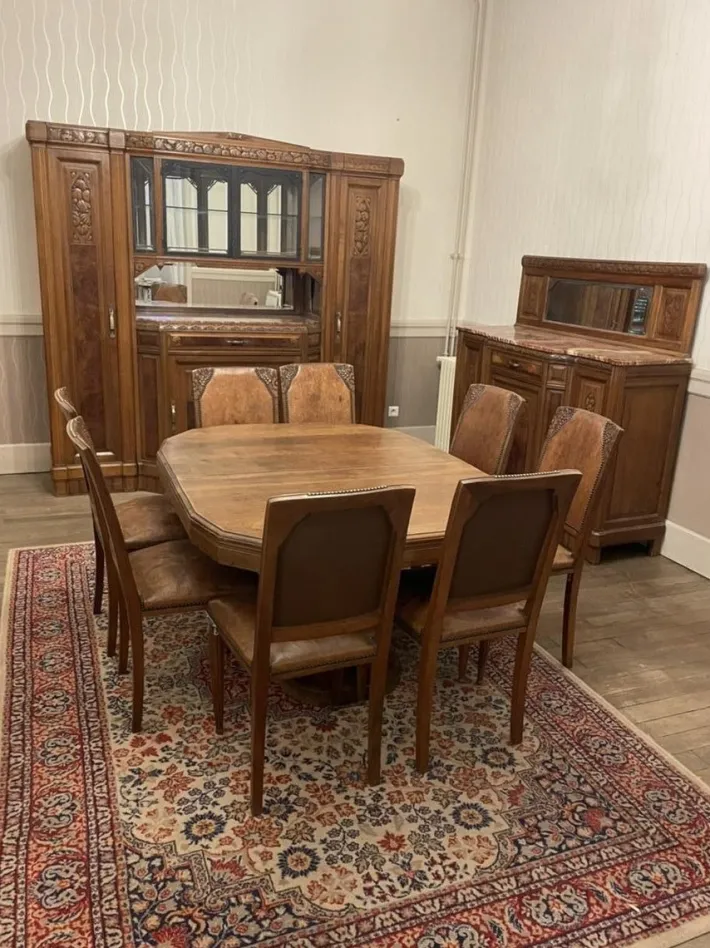 Pamono Art DEco Walnut Dining Tables and Chairs, Set of 12