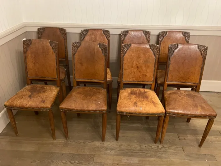 Pamono Art DEco Walnut Dining Tables and Chairs, Set of 12
