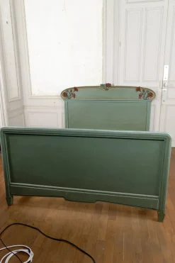 Pamono Art Nouveau Carved and Painted Wooden Bed with Floral Theme, France, 1900s Online