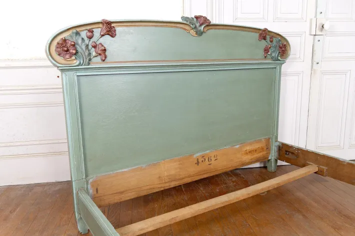 Pamono Art Nouveau Carved and Painted Wooden Bed with Floral Theme, France, 1900s Online