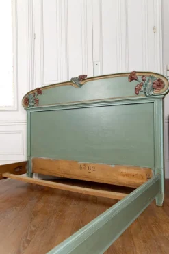 Pamono Art Nouveau Carved and Painted Wooden Bed with Floral Theme, France, 1900s Online
