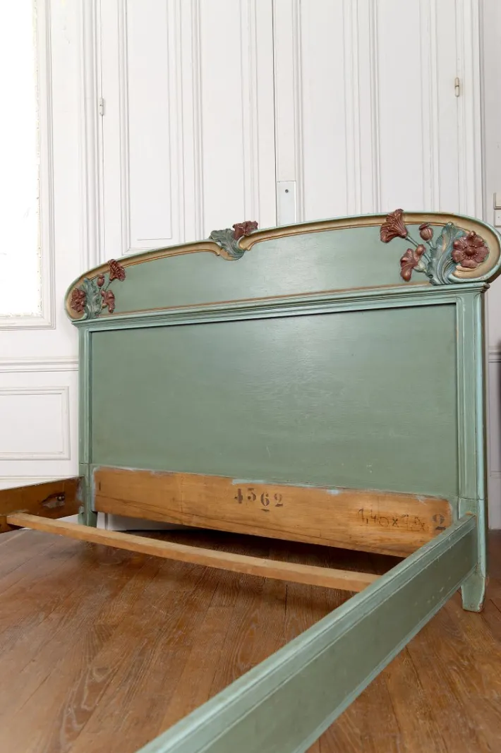 Pamono Art Nouveau Carved and Painted Wooden Bed with Floral Theme, France, 1900s Online
