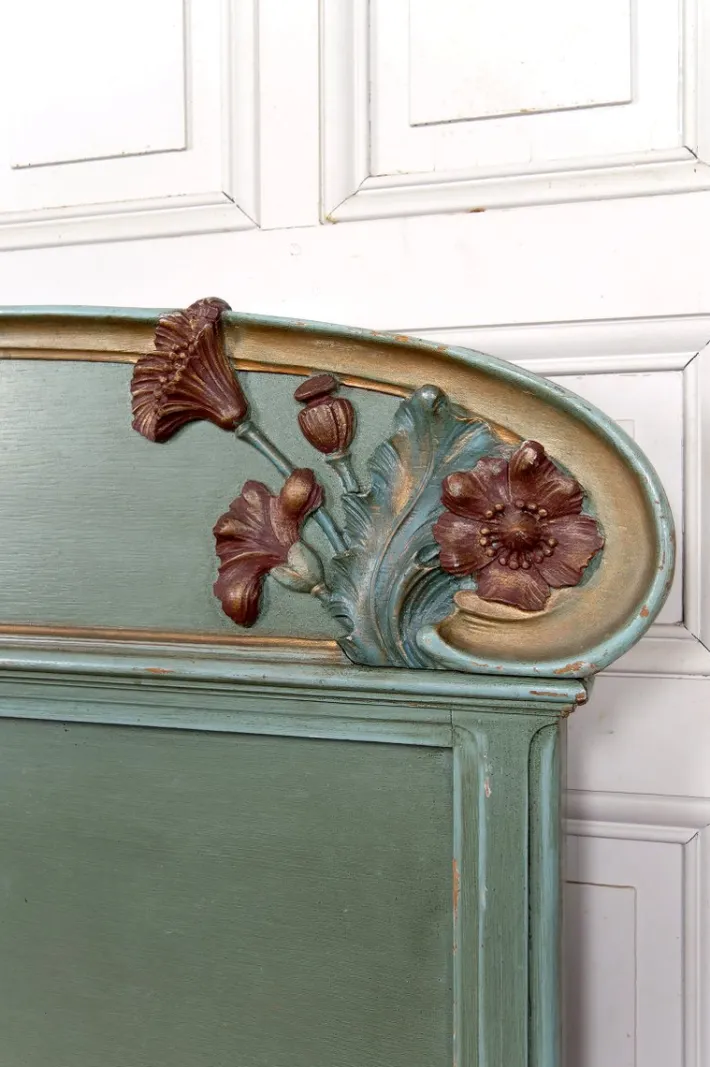 Pamono Art Nouveau Carved and Painted Wooden Bed with Floral Theme, France, 1900s Online