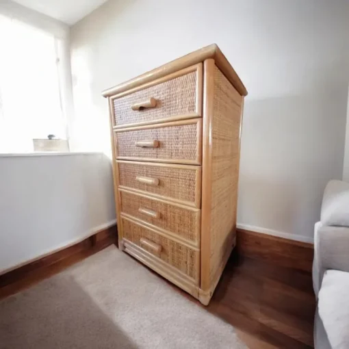 Pamono Bamboo and Woven Rattan Five-Drawer Chest, 1970s New