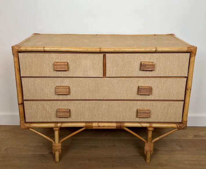 Pamono Bamboo, Rattan, Wood and Raffia Chest of Drawers by Audoux & Minet New