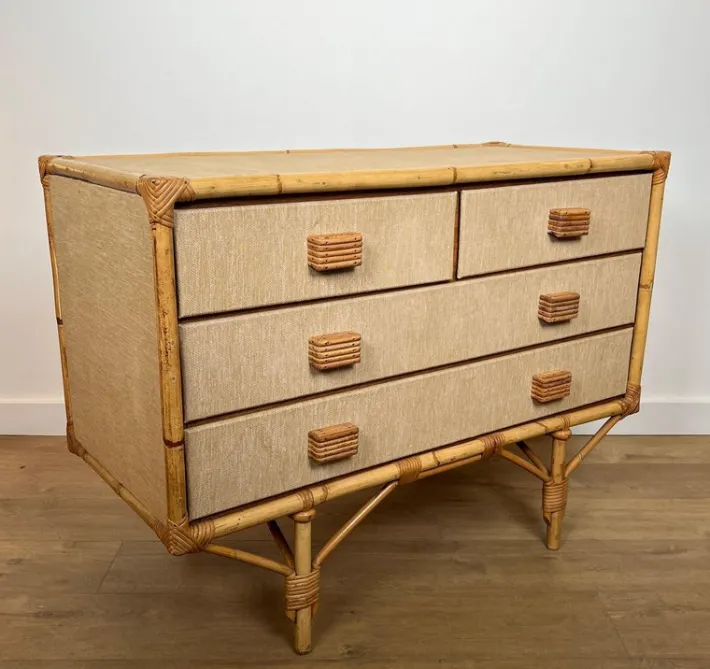 Pamono Bamboo, Rattan, Wood and Raffia Chest of Drawers by Audoux & Minet New