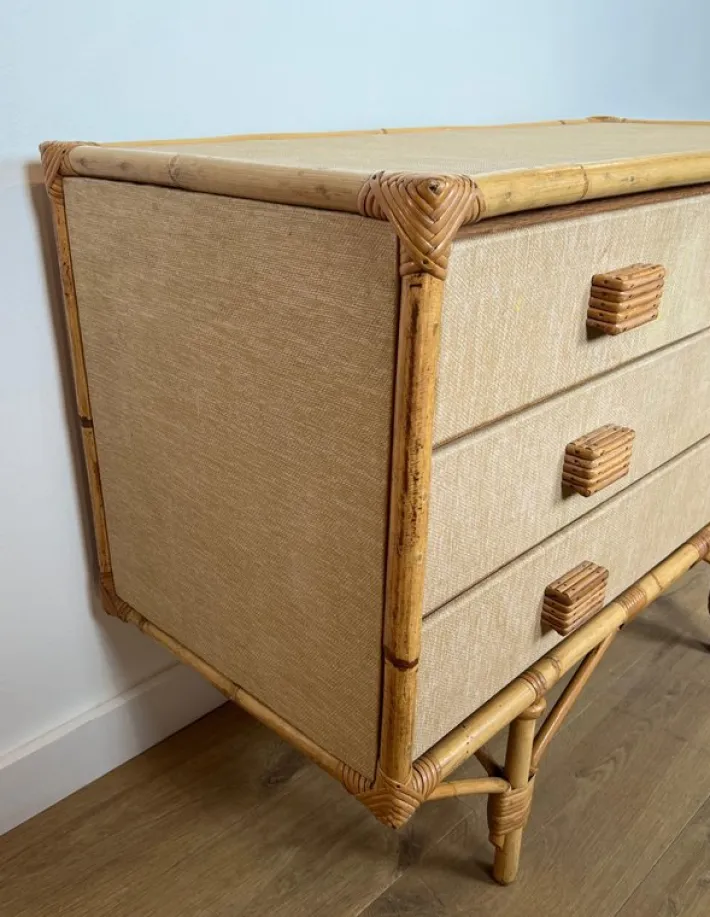 Pamono Bamboo, Rattan, Wood and Raffia Chest of Drawers by Audoux & Minet New