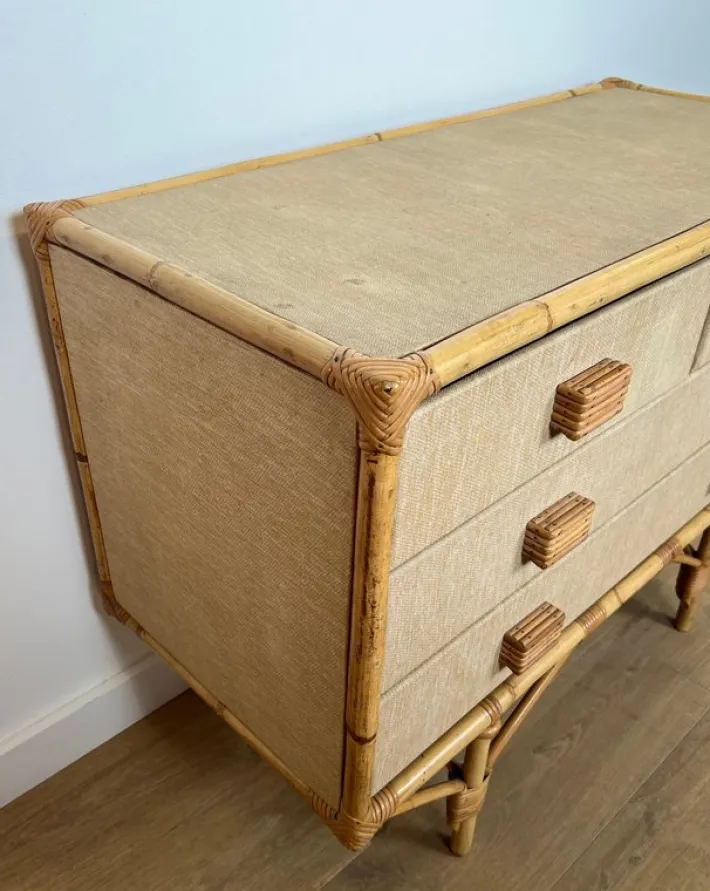 Pamono Bamboo, Rattan, Wood and Raffia Chest of Drawers by Audoux & Minet New