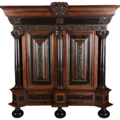 Pamono Baroque Cabinet Amsterdam Schapp, 5 Ebonized Columns, Pillow Fillings, Carved Chapters - Doors - Cornice, Secret Compartment, on High Feet, 1880 Outlet