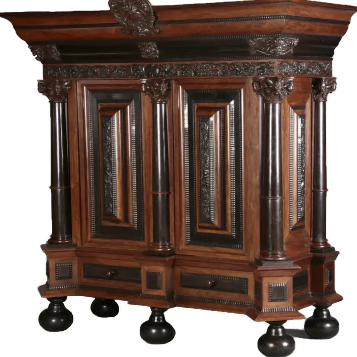 Pamono Baroque Cabinet Amsterdam Schapp, 5 Ebonized Columns, Pillow Fillings, Carved Chapters - Doors - Cornice, Secret Compartment, on High Feet, 1880 Outlet