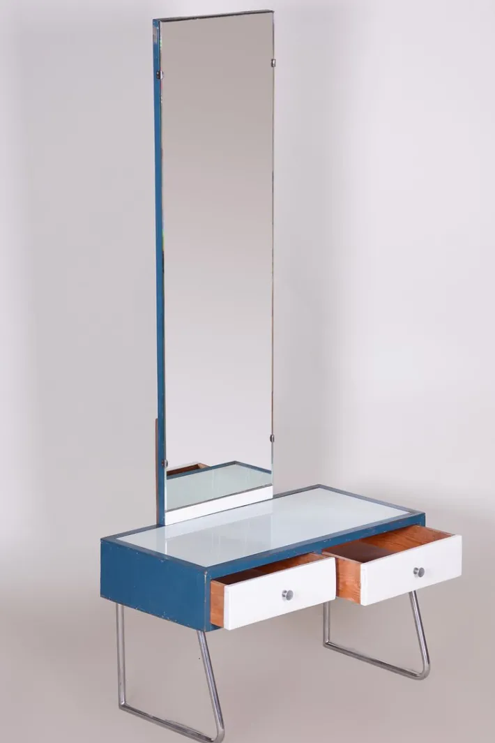 Pamono Bauhaus Dressing Table with Mirror in Chrome & White Glass attributed to Vichr a Spol., 1930s Sale