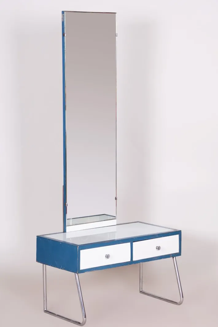 Pamono Bauhaus Dressing Table with Mirror in Chrome & White Glass attributed to Vichr a Spol., 1930s Sale