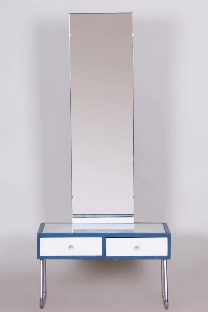 Pamono Bauhaus Dressing Table with Mirror in Chrome & White Glass attributed to Vichr a Spol., 1930s Sale