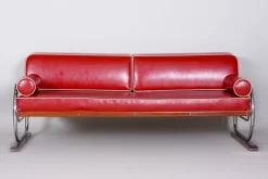 Pamono Bauhaus Red Sofa in Chrome-Plated Steel & High Quality Leather attributed to Robert Slezák, Czech, 1930s Best