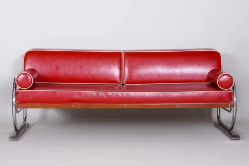 Pamono Bauhaus Red Sofa in Chrome-Plated Steel & High Quality Leather attributed to Robert Slezák, Czech, 1930s Best