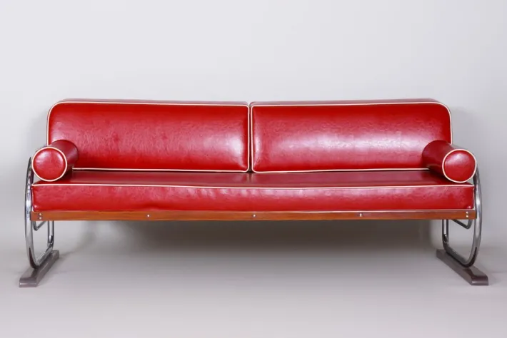 Pamono Bauhaus Red Sofa in Chrome-Plated Steel & High Quality Leather attributed to Robert Slezák, Czech, 1930s Best