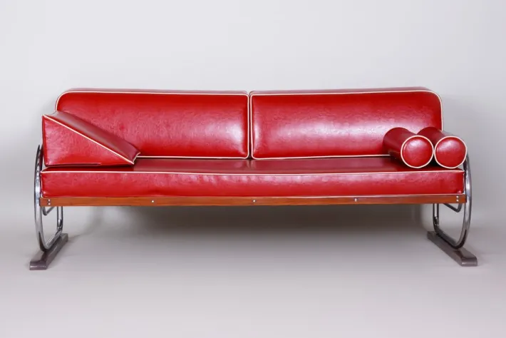 Pamono Bauhaus Red Sofa in Chrome-Plated Steel & High Quality Leather attributed to Robert Slezák, Czech, 1930s Best