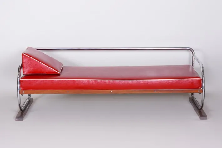 Pamono Bauhaus Red Sofa in Chrome-Plated Steel & High Quality Leather attributed to Robert Slezák, Czech, 1930s Best