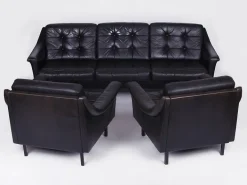 Pamono Black Leather Sofa and 2 Armchairs, Germany, 1960s, Set of 3 Discount