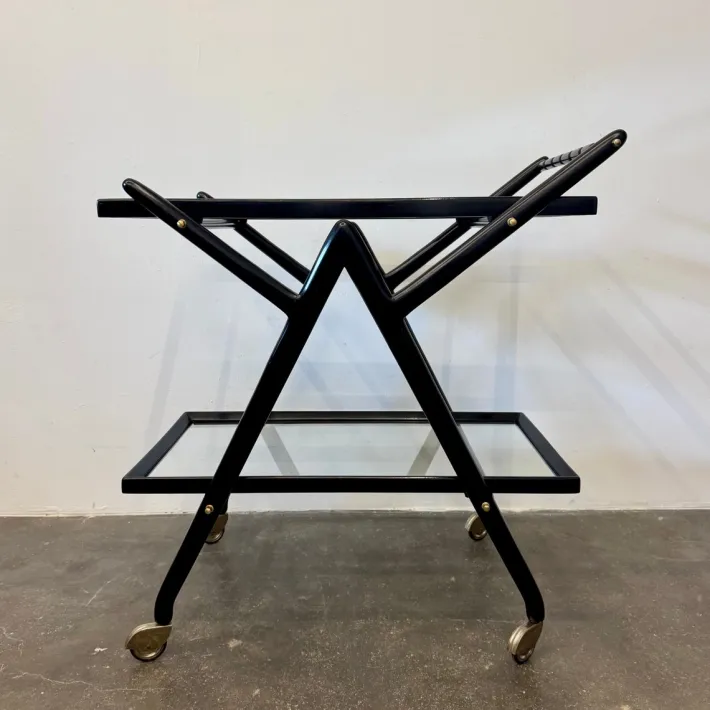 Pamono Black-Stained Beech Wood Trolley with Metal Wheels and Glass Shelves, 1950s Clearance