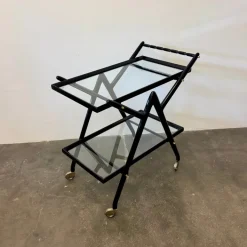 Pamono Black-Stained Beech Wood Trolley with Metal Wheels and Glass Shelves, 1950s Clearance