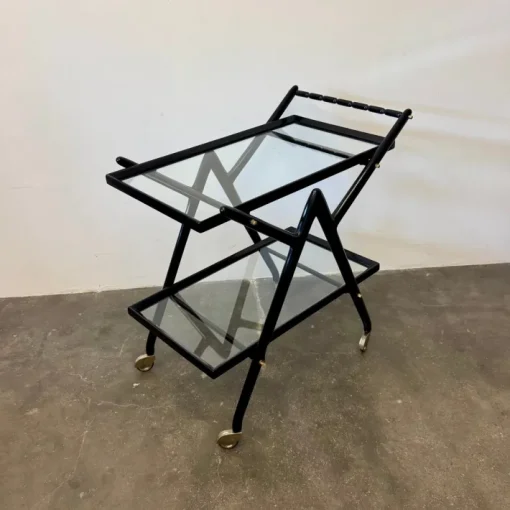 Pamono Black-Stained Beech Wood Trolley with Metal Wheels and Glass Shelves, 1950s Clearance