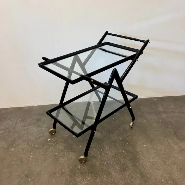 Pamono Black-Stained Beech Wood Trolley with Metal Wheels and Glass Shelves, 1950s Clearance
