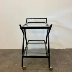 Pamono Black-Stained Beech Wood Trolley with Metal Wheels and Glass Shelves, 1950s Clearance
