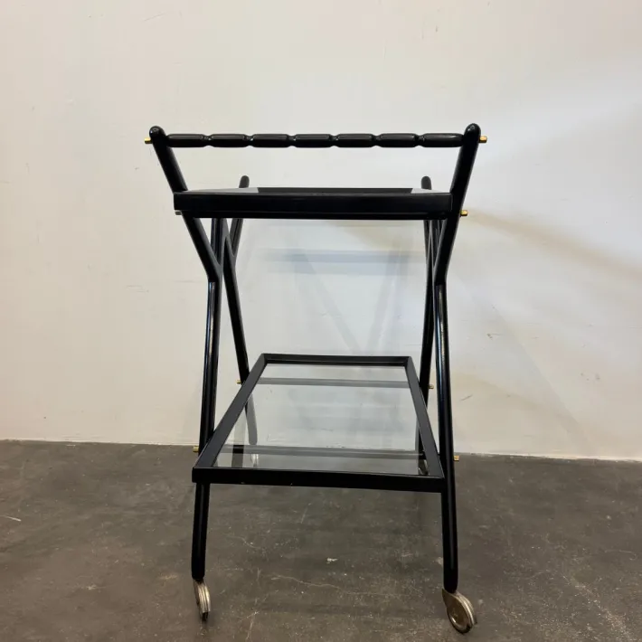 Pamono Black-Stained Beech Wood Trolley with Metal Wheels and Glass Shelves, 1950s Clearance