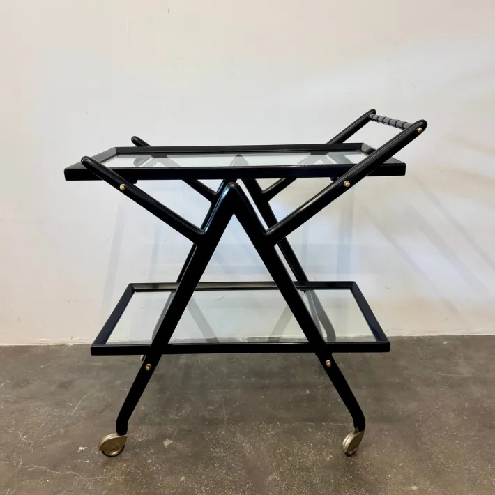 Pamono Black-Stained Beech Wood Trolley with Metal Wheels and Glass Shelves, 1950s Clearance