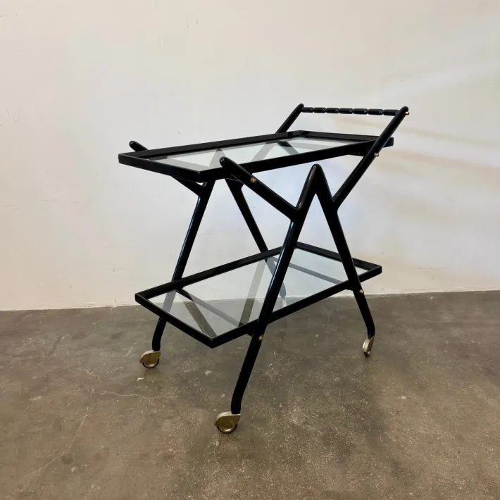 Pamono Black-Stained Beech Wood Trolley with Metal Wheels and Glass Shelves, 1950s Clearance