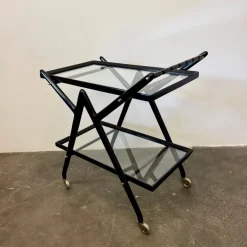 Pamono Black-Stained Beech Wood Trolley with Metal Wheels and Glass Shelves, 1950s Clearance
