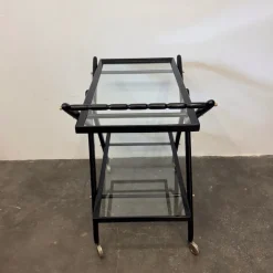Pamono Black-Stained Beech Wood Trolley with Metal Wheels and Glass Shelves, 1950s Clearance