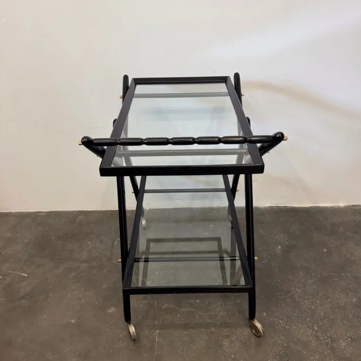 Pamono Black-Stained Beech Wood Trolley with Metal Wheels and Glass Shelves, 1950s Clearance
