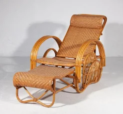 Pamono Boho Bamboo Extendable Lounger in Rattan with Magazine Holder, 1950s Clearance