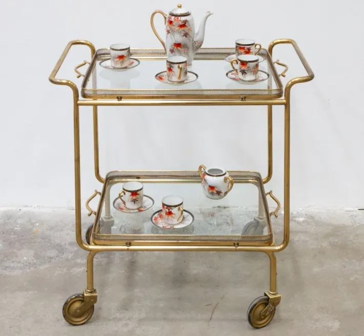Pamono Brass and Glass Food Trolley, 1950s