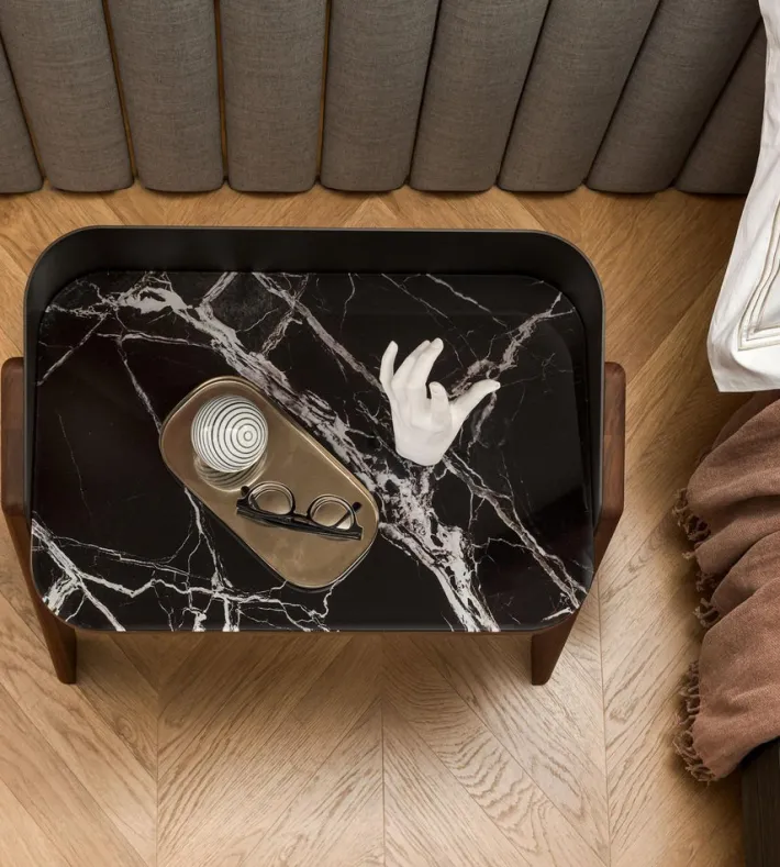 Pamono Bravero Walnut and Breccia Imperiale Glass Nightstand by Morica Design Clearance