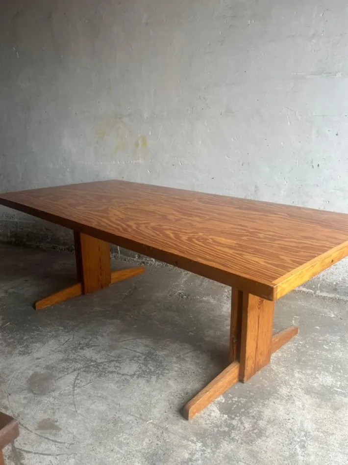 Pamono Brutalist Pine Trestle Table in the style of Pierre Chapo, 1970s Outlet